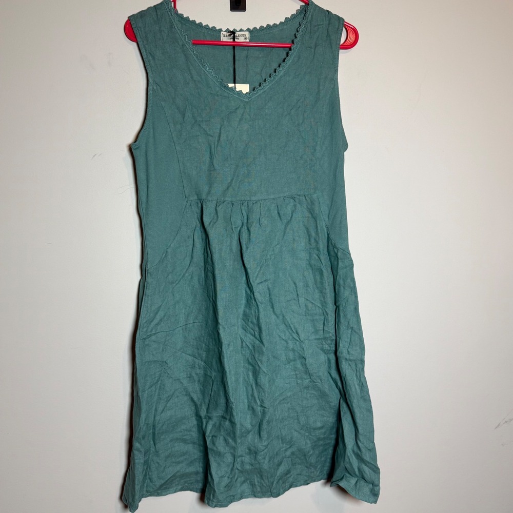 NWT Terzo Millennio Linen Dress Women's Medium Teal Made in Italy Lace Trim